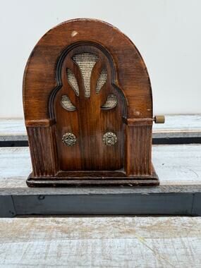 Vintage 1982 George Good Wooden Cathedral Radio Music Box - Novelty Decor - 5.5"